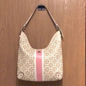COACH CHELSEA SIGNATURE BEIGE PINK STRIPE LEATHER TRIM CROSSBODY SHOULDER BAG